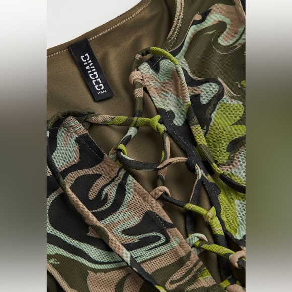 H&M Khaki Green/Patterned Mini Dress, Tie-Up, Mesh, Defined Seams, Women’s, US M - Picture 7 of 13